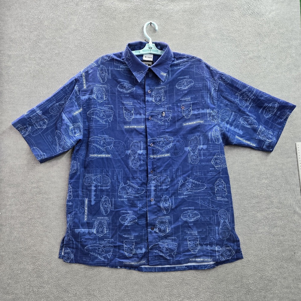 VINTAGE Rocawear Men Button Up Shirt L Blue Geometric Shoes Blueprint Logo